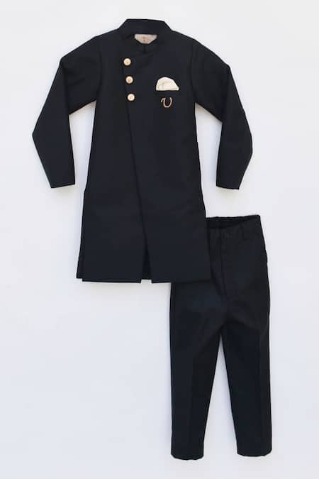 Fayon Kids_Black Cotton Embroidery Suiting Sherwani Set _Online_at_Aza_Fashions