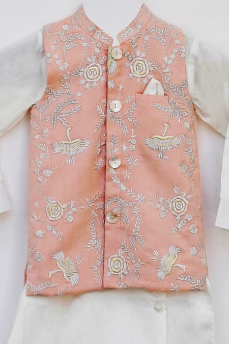 Fayon Kids_Peach , Silk, Satin Embroidery Bundi Kurta Set _Online_at_Aza_Fashions