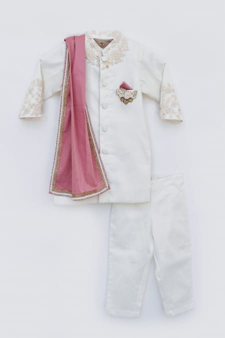 Fayon Kids_White Cotton Embroidery Sherwani Set _Online_at_Aza_Fashions