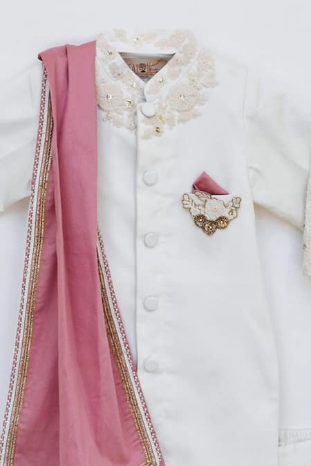 Buy_Fayon Kids_White Cotton Embroidery Sherwani Set _Online_at_Aza_Fashions