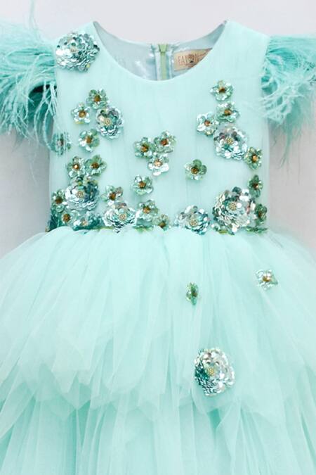 FAYON KIDS_Green Net Applique Gown _Online_at_Aza_Fashions