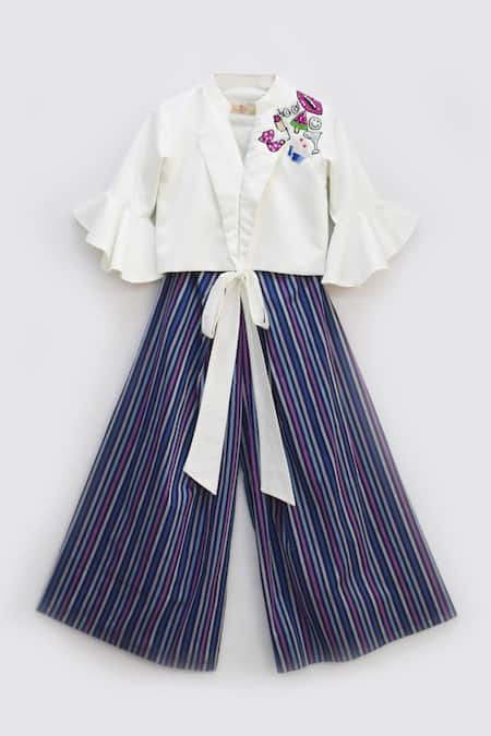 Fayon Kids White , Silk, Satin Embroidery Striped Pant Set 