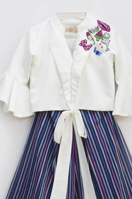 Fayon Kids_White , Silk, Satin Embroidery Striped Pant Set _Online_at_Aza_Fashions