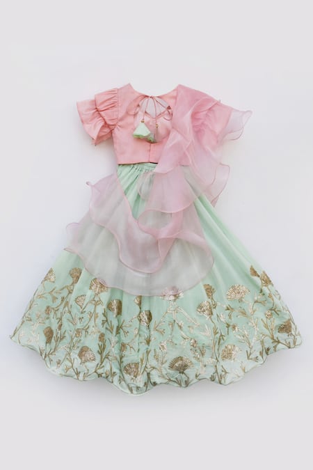 Shop_Fayon Kids_Green Silk, Cotton, Chiffon Embroidery Lehenga Set _at_Aza_Fashions