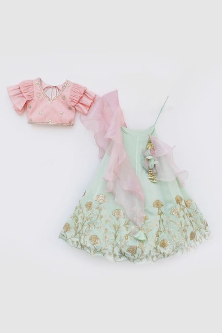 Fayon Kids_Green Silk, Cotton, Chiffon Embroidery Lehenga Set _Online_at_Aza_Fashions