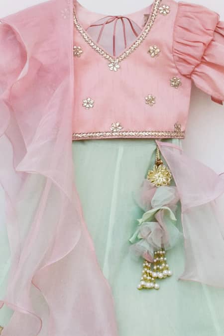 Buy_Fayon Kids_Green Silk, Cotton, Chiffon Embroidery Lehenga Set _Online_at_Aza_Fashions