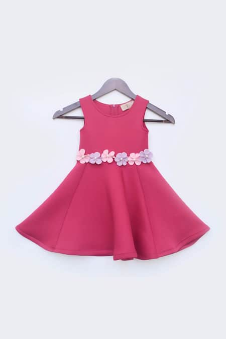 Fayon Kids Fuchsia Lycra Floral Embellished Skater Dress