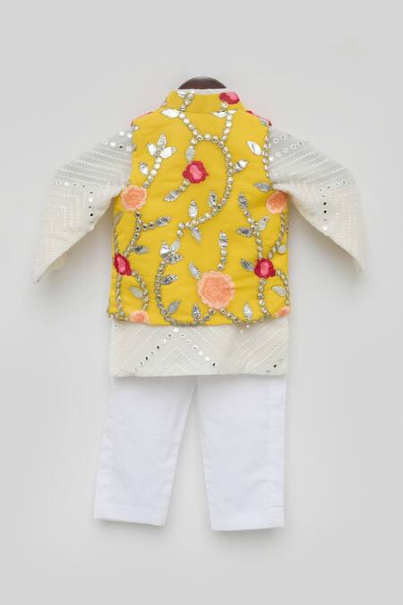 Shop_FAYON KIDS_White Silk Gota Patti, Mirrors Yellow Embroidered Bundi Kurta Set _at_Aza_Fashions