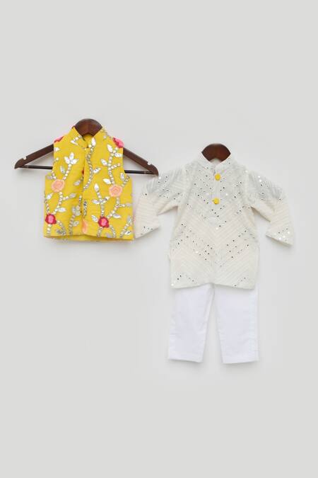 FAYON KIDS_White Silk Gota Patti, Mirrors Yellow Embroidered Bundi Kurta Set _Online_at_Aza_Fashions