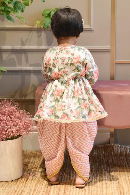 Shop_Fayon Kids_White Cotton Embroidery Peplum Kurta And Dhoti Pant Set _at_Aza_Fashions