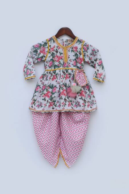 Buy_Fayon Kids_White Cotton Embroidery Peplum Kurta And Dhoti Pant Set _Online_at_Aza_Fashions