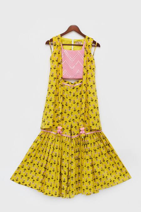 Buy_Fayon Kids_Yellow Cotton Embroidery, Mirrors, Tassels Floral Print Top And Sharara Set _Online_at_Aza_Fashions