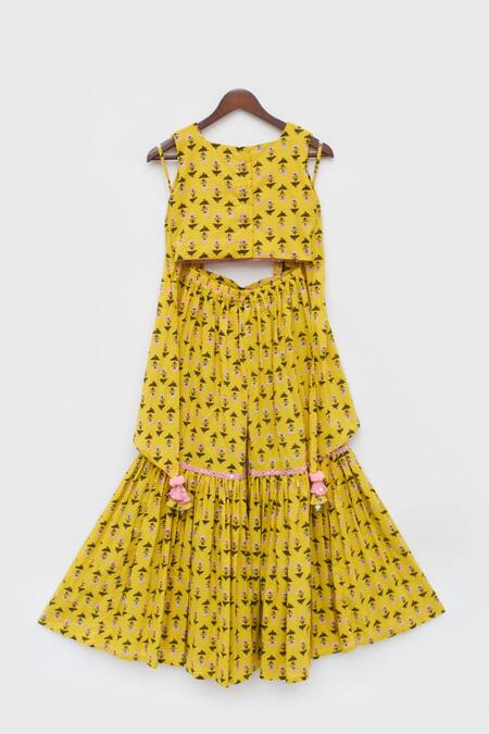 Shop_Fayon Kids_Yellow Cotton Embroidery, Mirrors, Tassels Floral Print Top And Sharara Set _Online_at_Aza_Fashions