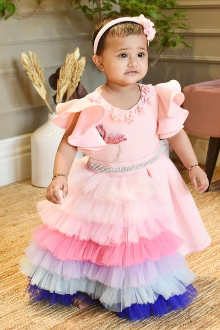 Fayon Kids Pink Lycra, Net Stones, Fabric Flowers, Pleated Dress With Detachable Trail