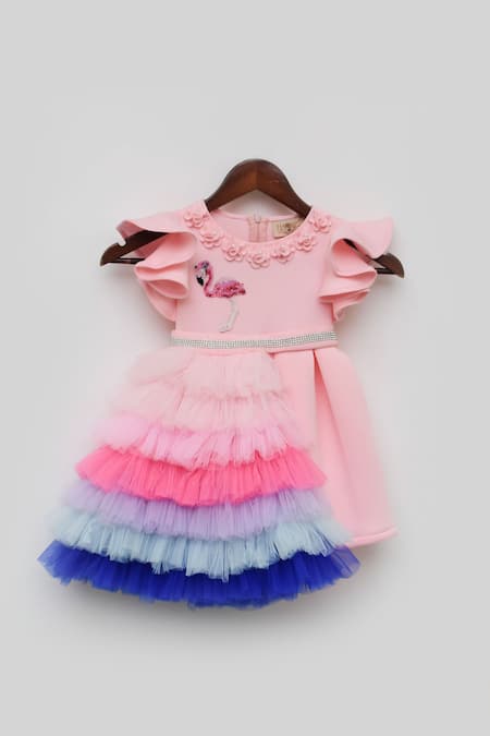 Fayon Kids_Pink Lycra, Net Stones, Fabric Flowers, Pleated Dress With Detachable Trail _Online_at_Aza_Fashions