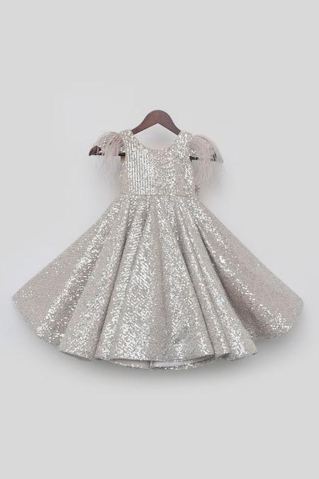 Fayon Kids_Gold Net Sequins, Feathers Embroidered Gown _Online_at_Aza_Fashions
