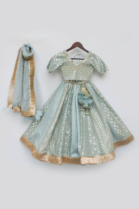 Fayon Kids Blue Chanderi, Organza Zari, Embroidery Floral Geometric Printed Lehenga Set Online at Aza Fashions Fayon Kids_Blue Chanderi, Organza Zari, Embroidery Floral Geometric Printed Lehenga Set _Online_at_Aza_Fashions