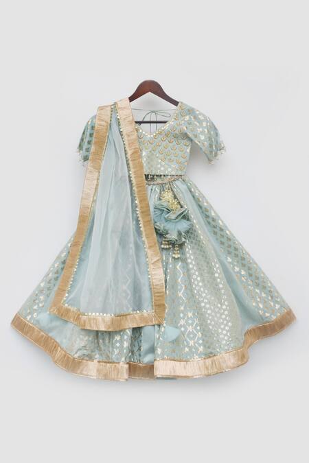 Buy Fayon Kids Blue Chanderi, Organza Zari, Embroidery Floral Geometric Printed Lehenga Set Online at Aza Fashions Buy_Fayon Kids_Blue Chanderi, Organza Zari, Embroidery Floral Geometric Printed Lehenga Set _Online_at_Aza_Fashions
