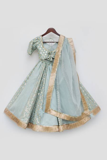Shop Fayon Kids Blue Chanderi, Organza Zari, Embroidery Floral Geometric Printed Lehenga Set Online at Aza Fashions Shop_Fayon Kids_Blue Chanderi, Organza Zari, Embroidery Floral Geometric Printed Lehenga Set _Online_at_Aza_Fashions
