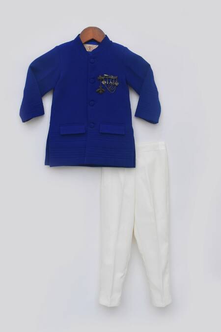 Fayon Kids_Blue Crepe, Suede, Cotton Mandarin Collar Bandhgala Set_Online_at_Aza_Fashions