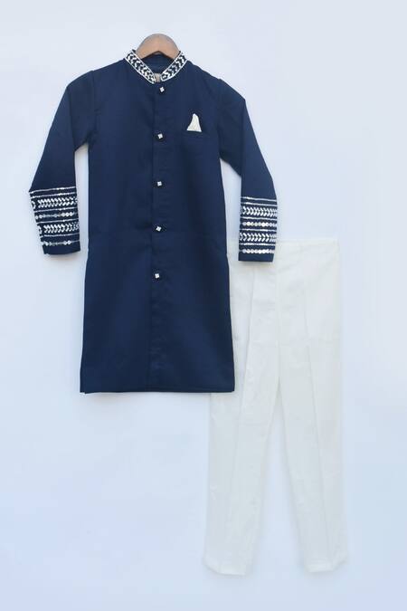 Fayon Kids_Blue Cotton, Silk Sequins Kurta Set _Online_at_Aza_Fashions