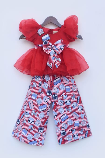Fayon Kids Red Organza, Cotton Printed Palazzo Set With Top