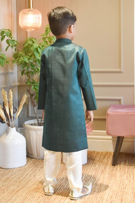 Shop Fayon Kids Green Silk, , Satin Achkan Set at Aza Fashions Shop_Fayon Kids_Green Silk, , Satin Achkan Set _at_Aza_Fashions