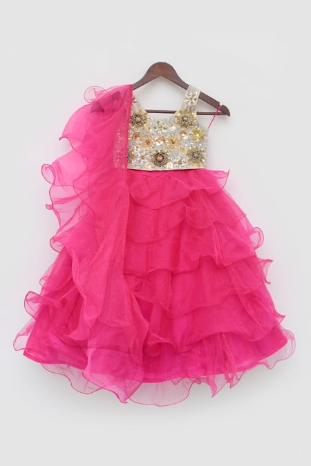 Fayon Kids_Pink Organza, Net Embroidery Layered Lehenga Set _Online_at_Aza_Fashions