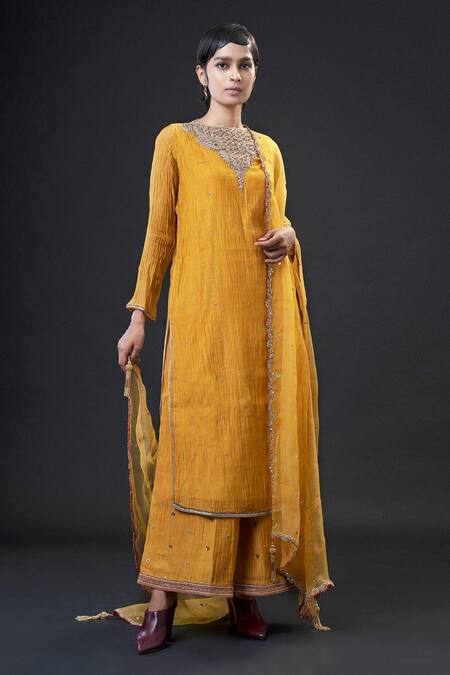 ADITYA SIKAND Yellow 70% Organic Cotton Embroidery Round Kurta Set 