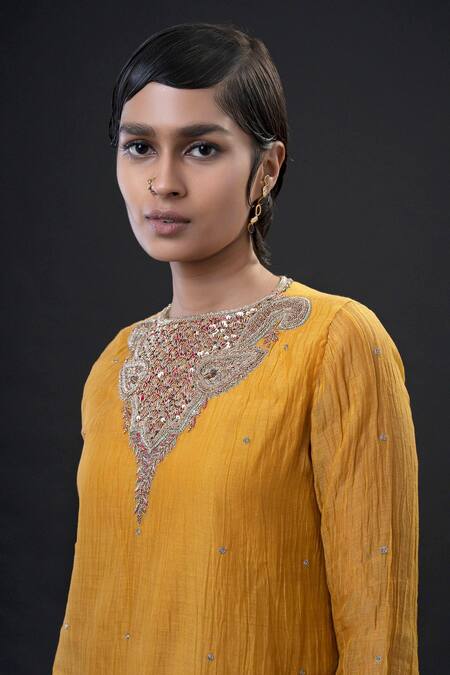 Aditya Sikand_Yellow 30% Silk Handwoven, 70% Organic Cotton Round Embroidered Kurta Set_Online_at_Aza_Fashions