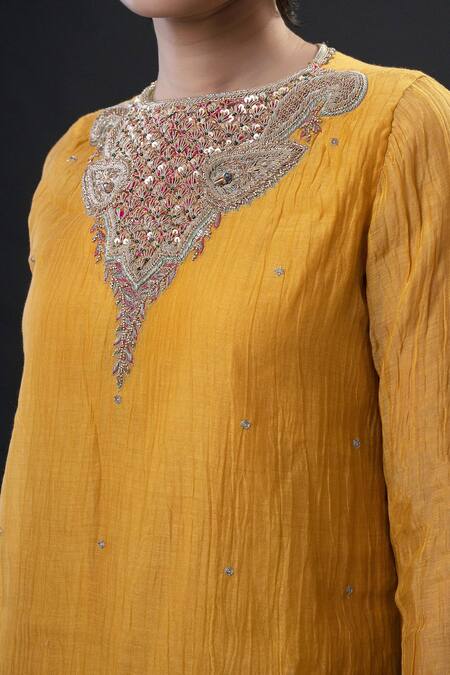 Buy_Aditya Sikand_Yellow 30% Silk Handwoven, 70% Organic Cotton Round Embroidered Kurta Set_Online_at_Aza_Fashions