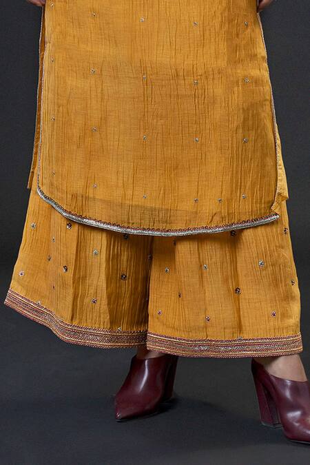 Shop_Aditya Sikand_Yellow 30% Silk Handwoven, 70% Organic Cotton Round Embroidered Kurta Set_Online_at_Aza_Fashions