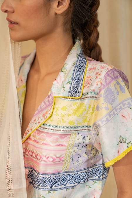 Buy_Label Reyya_Multi Color Rayon Slub Floral Notched Lapel Collar Print Jumpsuit _Online_at_Aza_Fashions