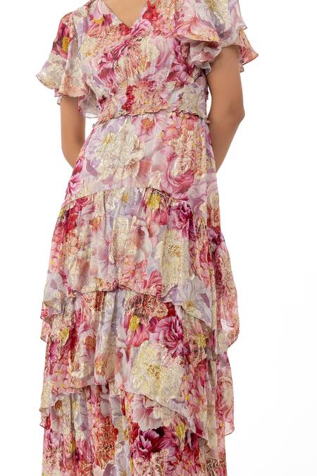 Shop_Gaya_Multi Color Viscose Jacquard Lurex Georgette Printed Maxine Dress _Online_at_Aza_Fashions