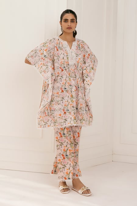 Mulmul Pink Pure Pima Cotton Printed Geometric Keoni Kaftan And Pant Set 