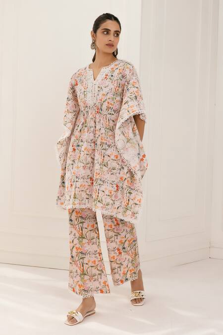 Shop_Mulmul_Pink Pure Pima Cotton Printed Geometric Keoni Kaftan And Pant Set _at_Aza_Fashions