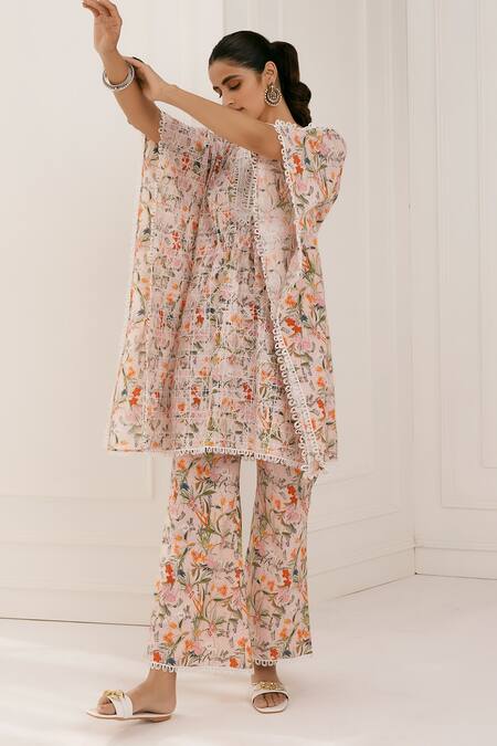 Mulmul_Pink Pure Pima Cotton Printed Geometric Keoni Kaftan And Pant Set _Online_at_Aza_Fashions