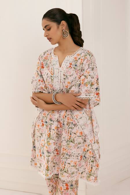 Buy_Mulmul_Pink Pure Pima Cotton Printed Geometric Keoni Kaftan And Pant Set _Online_at_Aza_Fashions