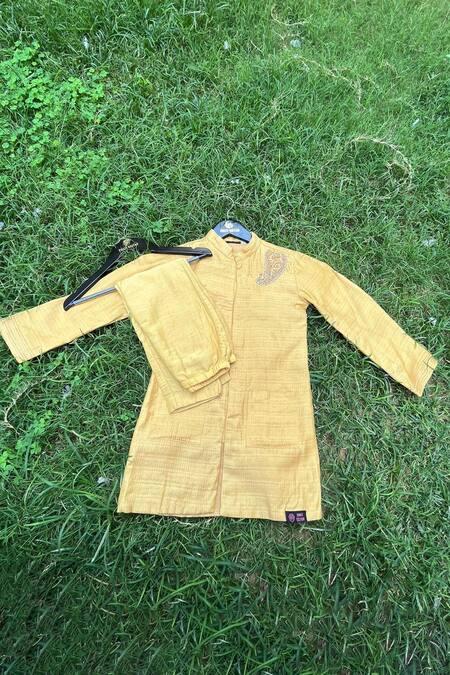 Swati Golyan_Yellow Silk Organza, Cotton Embroidery Placement Paisley Kurta Set _at_Aza_Fashions