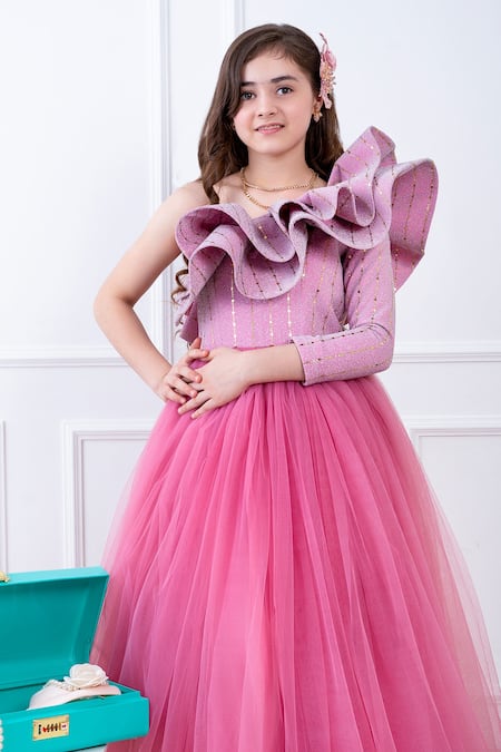 Buy_Hoity Moppet_Pink Tulle Sequins One Shoulder Ruffle Dress _Online_at_Aza_Fashions