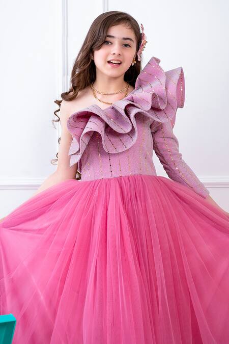Shop_Hoity Moppet_Pink Tulle Sequins One Shoulder Ruffle Dress _Online_at_Aza_Fashions