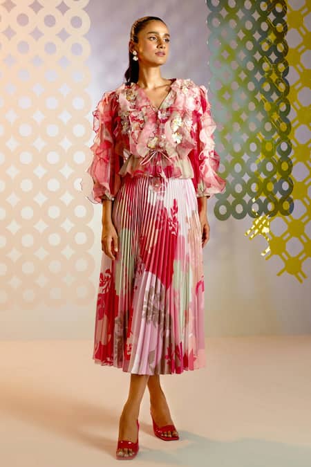 Pankaj & Nidhi_Pink Satin Floral And Geometric Work Pleated Skirt_Online_at_Aza_Fashions