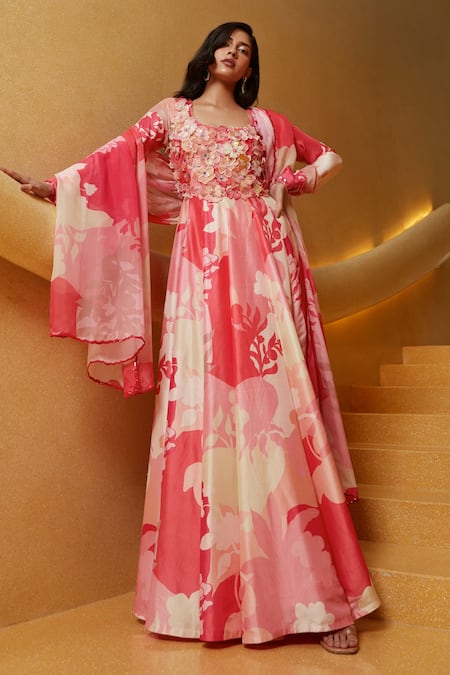Pankaj & Nidhi_Pink Anarkali Tussar Dupion, Churidar Stretch Satin, Hand Embellished Set_Online_at_Aza_Fashions