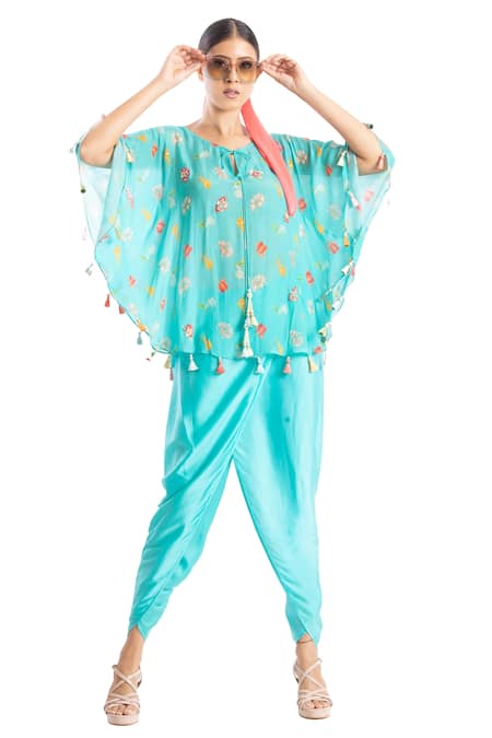 Seams Pret And Couture Blue Crepe And Grand Satin Embellished Tassel Round Cape & Dhoti Pant Set 