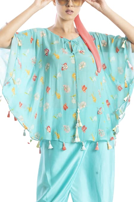 Shop Seams Pret And Couture Blue Crepe And Grand Satin Embellished Tassel Round Cape & Dhoti Pant Set at Aza Fashions Shop_Seams Pret And Couture_Blue Crepe And Grand Satin Embellished Tassel Round Cape & Dhoti Pant Set _at_Aza_Fashions