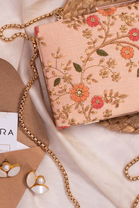 Shop_Amyra_Peach Zari, Sequins, Embroidery Floral Creeper Box Clutch _Online_at_Aza_Fashions