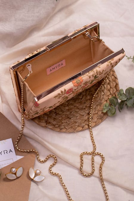Amyra_Peach Zari, Sequins, Embroidery Floral Creeper Box Clutch _at_Aza_Fashions