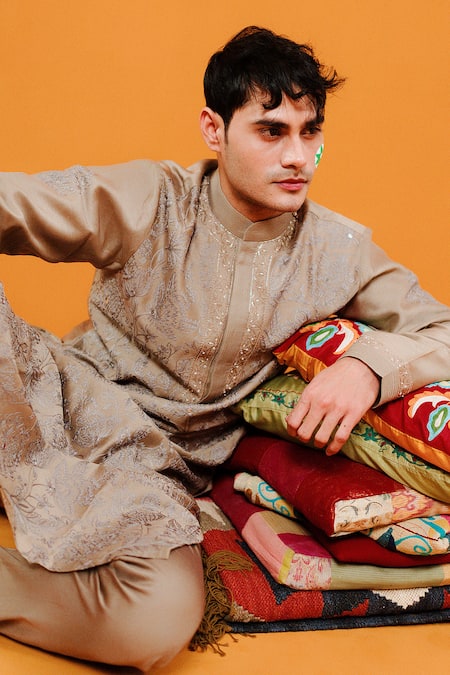 Buy_Wabi Sabi By Anshum-Ritesh_Beige Chanderi Sequins Floral Jacobean Kurta Set _Online_at_Aza_Fashions