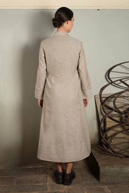 Shop Chillosophy Beige Cotton Silk Notched Lapel Jacket at Aza Fashions Shop_Chillosophy_Beige Cotton Silk Notched Lapel Jacket_at_Aza_Fashions