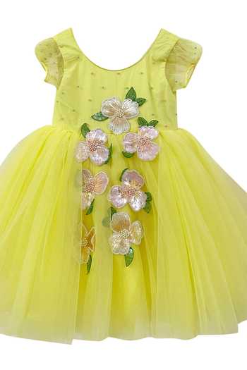 PA:Paa_Yellow Tulle Embroidery, Pearls Floral Applique Dress_Online_at_Aza_Fashions